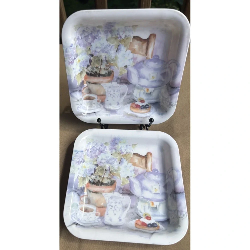 2 Vintage Melamine Trinket Dishes Teapot Cottage Core Floral print 6